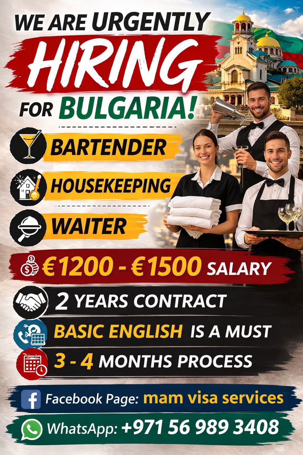 Urgent hiring for Bulgaria bartender housekeeping and waiter flyer