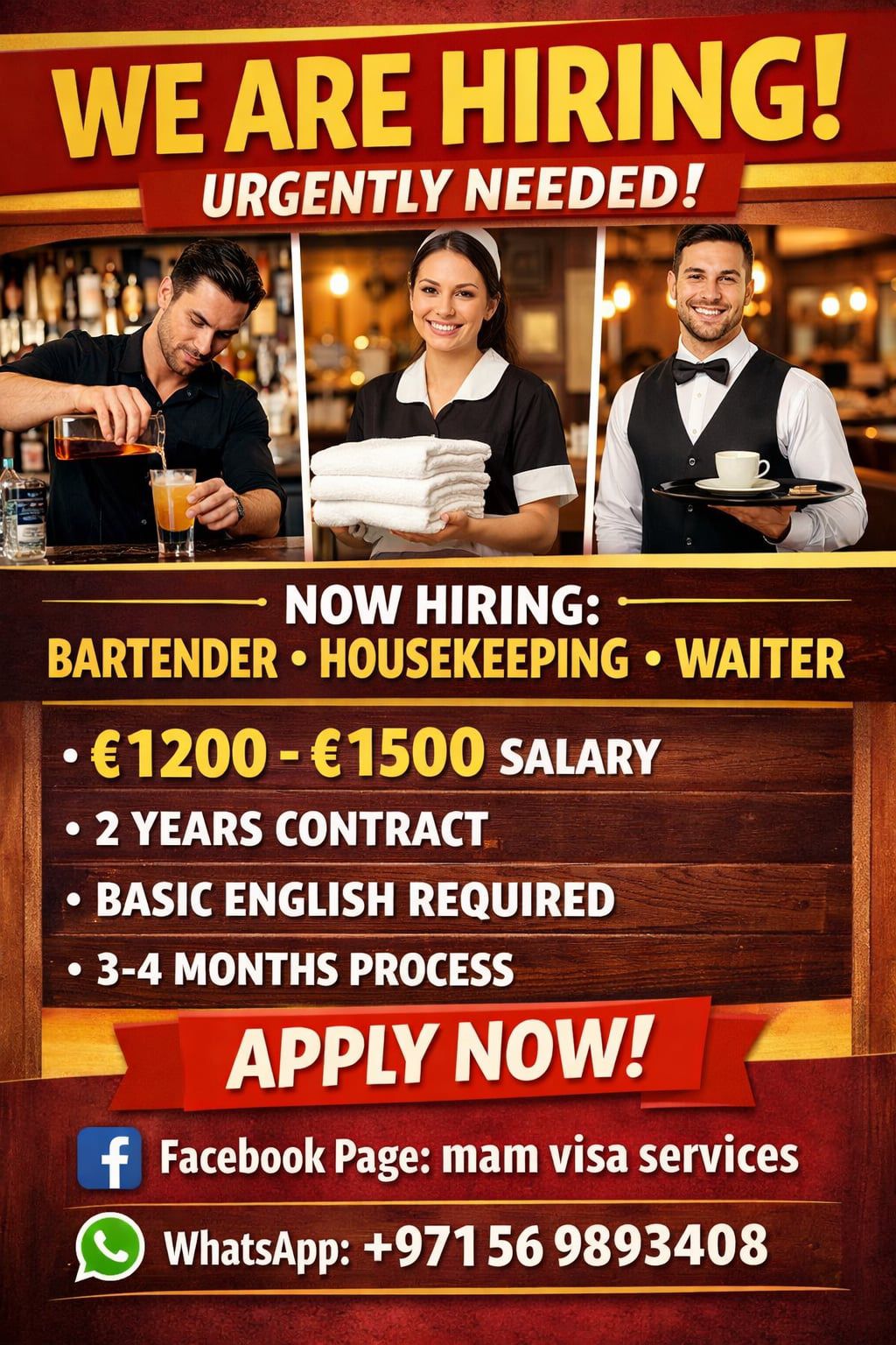 Urgent hiring bartender housekeeping and waiter flyer